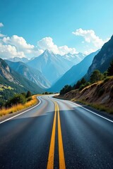 Fototapeta premium Empty asphalt road curves through mountains, clear sky , background, drive, sun