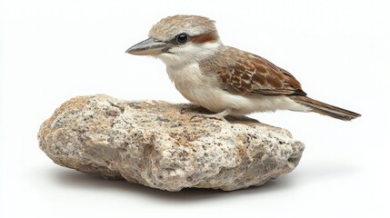 Small kookaburra bird perched on a rock in a natural outdoor setting on a white background