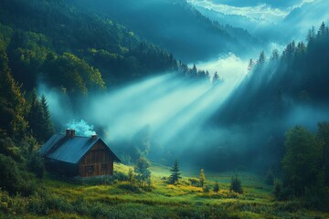 Misty Mountain Valley With Cabin And Sunlight Rays