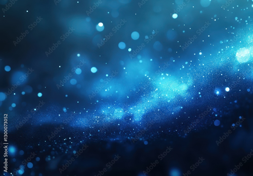 Poster abstract blue background with bokeh effect, glowing particles, and shimmering light creating a dream