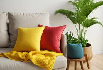 Vivid pillows and yellow blankets are placed next to the plants on the sofa