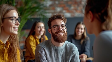 Group of Smiling Young Adults Engaging in Lively Conversation in a Modern Workspace Setting