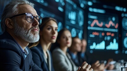 Business Professionals Engaged in Strategic Meeting with Digital Analytics and Data Dashboard in Background