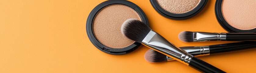 Makeup brushes and powder on orange background. Beauty flatlay
