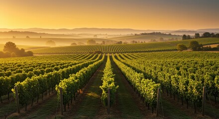 Fototapeta premium Vineyard Rows at Sunrise Beautiful Agricultural Landscape with Golden Light