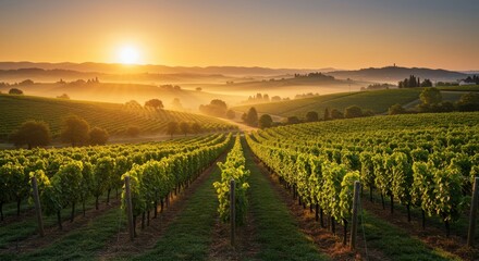 Naklejka premium Vineyard Rows at Sunrise Golden Light Over Green Wine Country