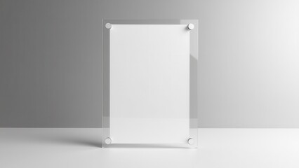 A clear perspex sign holder with four round fasteners in each corner, standing on a white surface against a gray background.