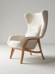 Elegant wingback chair with light upholstery and wooden frame design