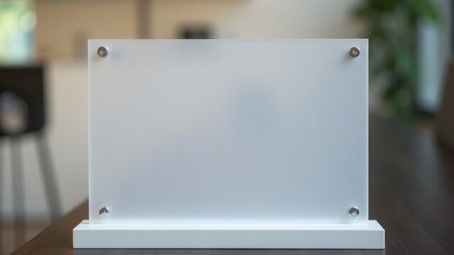 A perspex sign holder with a frosted finish, mounted on a white base, placed on a wooden surface.