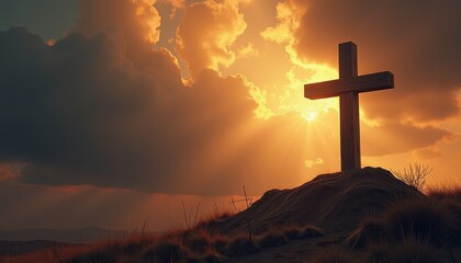 Wooden Cross Silhouette on Hilltop at Golden Sunset with Dramatic Clouds