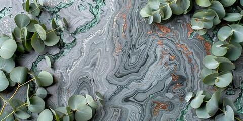 Obraz premium Flat lay composition with eucalyptus leaves on a grey marble backdrop, surrounded by a frame of eucalyptus branches. 
