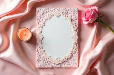 Elegant pink invitation card with candle and rose on luxurious satin fabric