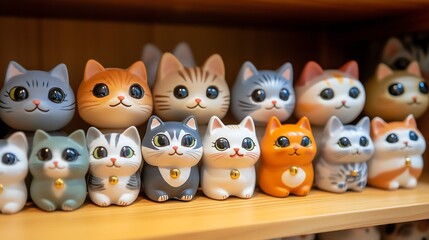 Obraz premium A collection of small, cute cat figurines (daruma and maneki-neko) placed neatly on a wooden shelf.