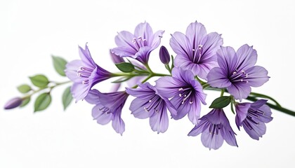 Fototapeta premium Floral arrangement purple campanula flowers isolated on white background. Delicate bell-shaped blooms on branch with green leaves. Flower composition for greeting cards, spring designs. Fresh