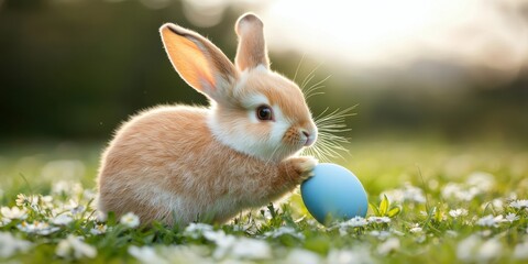 Fototapeta premium A cute rabbit holding a blue egg amidst flowers in a sunlit field. Easter Bunny Concept.