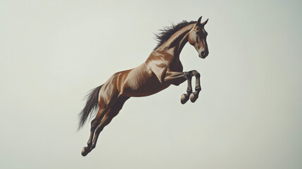 Fototapeta premium A realistic brown horse leaping mid-air against a neutral background with perfect form and power