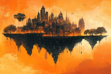 Obraz premium An artistic illustration of a city landscape suspended in the sky
