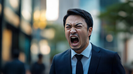 Fototapeta premium The fierce expression of an enraged young man dominates this intense close-up selfie, enhanced by a dramatic and cinematic color scheme.