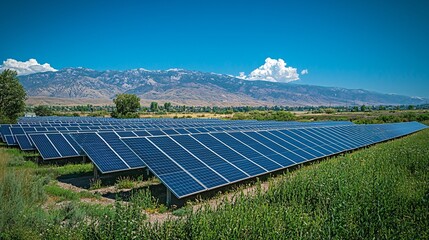 Vast Array of Solar Panels Under Clear Blue Sky Surrounded by Greenery and Mountains in the Background
