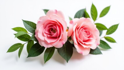A beautiful prom flower corsage with two pink roses and green leaves, perfect for a special occasion.
