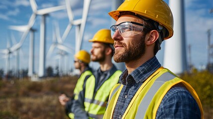 Professional Workers in Hard Hats and Safety Gear at Wind Farm with Turbines Under Bright Blue Sky