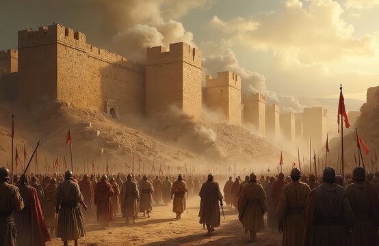 March of Israelites to Jericho walls in middle east desert. Ancient army soldiers with flags at old city with crumbling wall. Biblical story about Joshua power and conquest.