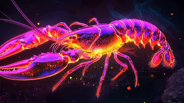 Mystical Lobster: A vibrant and surreal depiction of a lobster, its form outlined with glowing, neon-like colors, against a backdrop of dark, ethereal space.