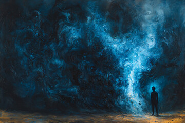 Fototapeta premium Lone Figure in a Chaotic Abyss of Despair