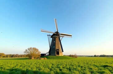 Historic windmill in scenic countryside during clear spring day
