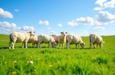 Obraz premium Group of sheep grazing in lush green pasture under blue sky with clouds