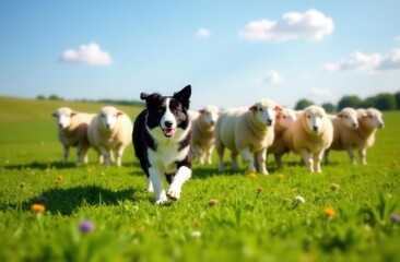 Fototapeta premium Border collie herding sheep on a sunny day in green pasture