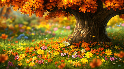 Autumnal Tree with Orange and Yellow Leaves Surrounded by Colorful Flowers