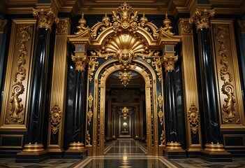 Obraz premium Elegant Corridor with Golden Ornaments and Black Marble Pillars Design