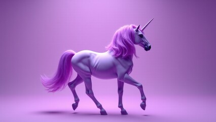 Fototapeta premium A majestic purple unicorn with a flowing mane and tail stands gracefully against a matching purple background.