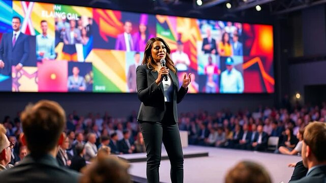 Confident female speaker captivating an audience at a dynamic conference - Powered by Adobe