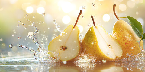 Golden and Green Ripe Pears in Stunning Macro Photography with Water Droplets and Natural Light Enhancing Their Freshness
