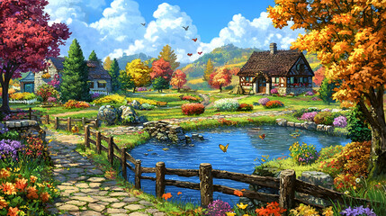 Autumnal Village Landscape with Colorful Cottage and Pond