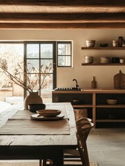 Interior view of a dining table in a kitchen setting
