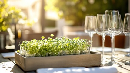 Microgreens and Wine Glasses on a Sunny Terrace