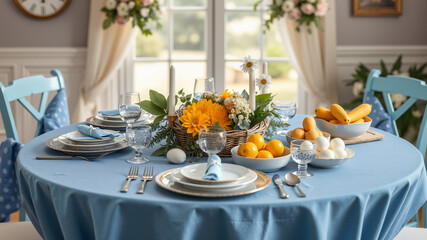 traditional Easter feast with decorated table blue