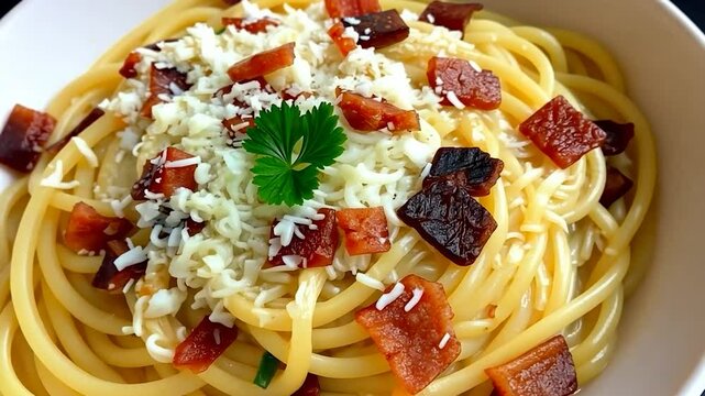 Delicious bucatini pasta dish with crispy pancetta and pecorino romano