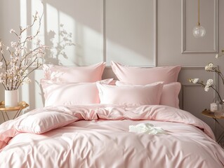 Luxurious new pink bedding set on a bed