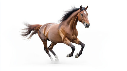 Fototapeta premium A powerful bay horse galloping dynamically against a clean white background, showcasing pure energy and strength