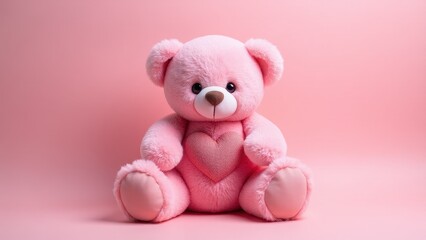 Obraz premium A cute rose teddy bear with a heart on its chest, sitting against a matching pink background.