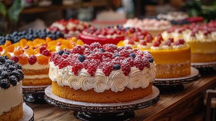 Many cakes are placed on the table next to each other, each cake has a different color and different decoration