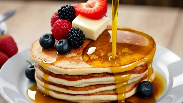 Golden cascade over fluffy pancakes, a sweet and fruity breakfast delight