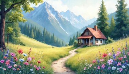 Fototapeta premium Watercolor painting of cottage in mountain valley with flowers on green meadow. Rural house, cabin among trees, hills. Path to cozy bungalow on scenic nature landscape, calm cloud sky.