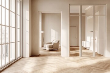 Sunlit apartment, herringbone floors, armchair, French doors, city view