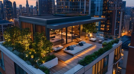 Fototapeta premium Rooftop Terrace with City View, Urban Oasis at Twilight Hour