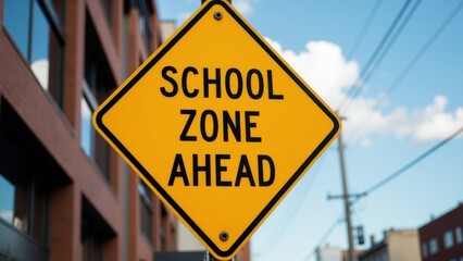 A yellow diamond-shaped school zone ahead sign on a street with buildings and power lines in the background.